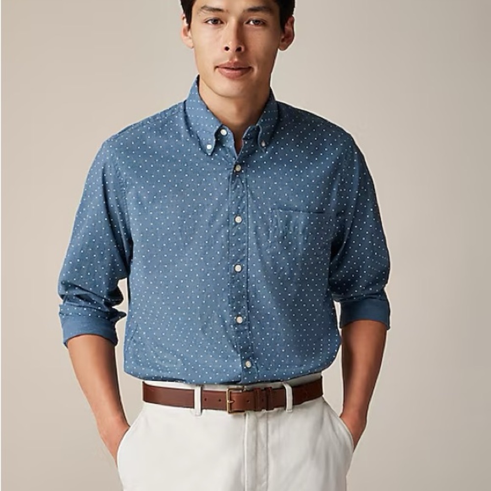 J. Crew Blue Polka Dot Poplin Secret Wash Classic Fit Shirt